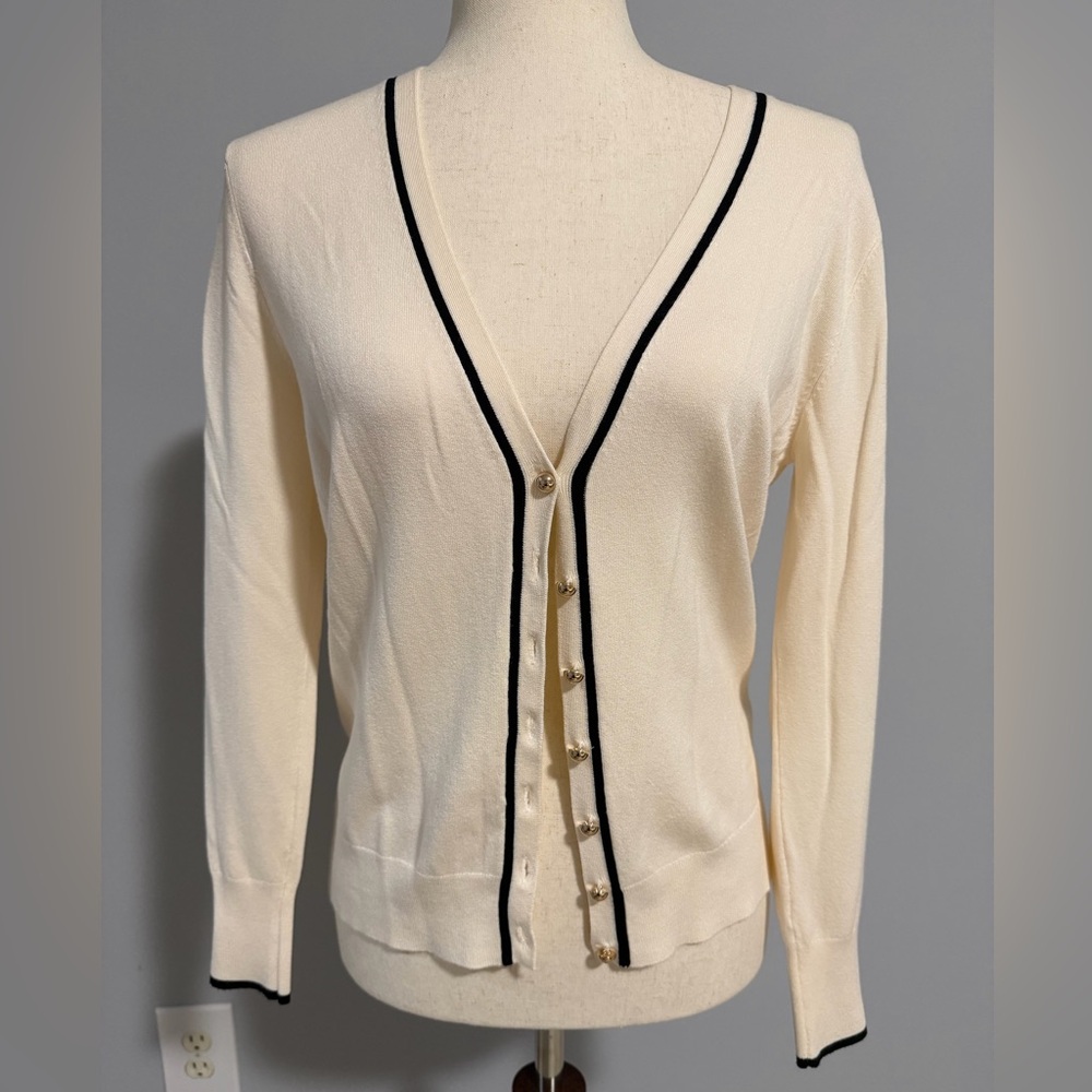 Zara Super Soft Cream V Neck Button Down Cardigan with Black Accents